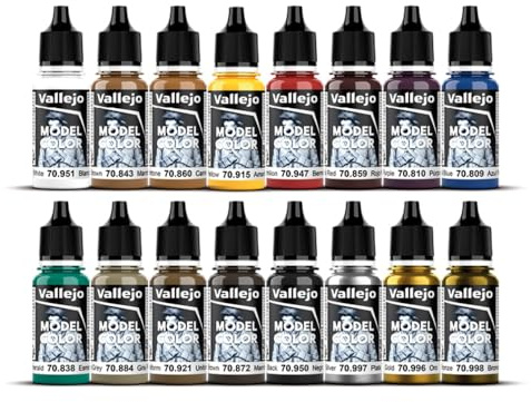 Vallejo Model Color Set Acrylfarben Mittelalter. 16 matte Farben in 18 ml Flaschen mit Tropfer und Farbkarte für Modellbau, Modelle und Dioramen.