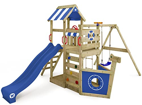 WICKEY Spielturm Klettergerüst SeaFlyer mit Schaukel & Blauer Rutsche, Outdoor Kinder Kletterturm mit Sandkasten, Leiter & Spiel-Zubehör für den Garten