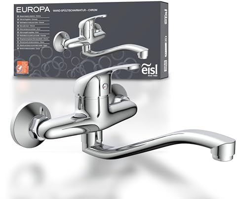 EISL NI161EUCR EUROPA Wandwasserhahn Chrom, Wand-Spültischarmatur 360°, ideal für Doppelspülbecken, Wasserhahn Wandmontage, Wandarmatur für Küche/Ausgussbecken, Mischbatterie für Wandmontage