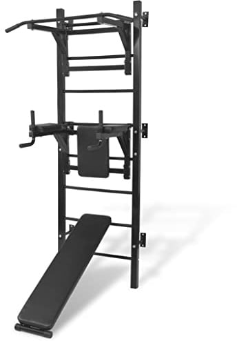 vidaXL Fitness Kraftturm Multifunktional Wandmontage mit Dip-Station Klimmzugstange Sit-Up-Bank Kraftstation Heimtrainer Power Tower Schwarz
