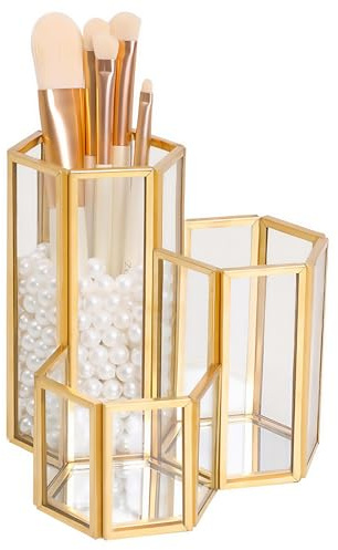 SLHEQING Make Up Pinsel Organizer Pinsel Aufbewahrung Gold Schminktisch Organizer Glas Pinselhalter, Kosmetik Organizer für Badezimmer, Arbeitsplatte, Schreibtischablage