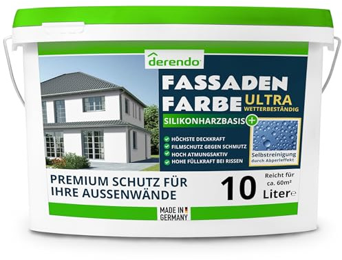 derendo Silikonharz Fassadenfarbe weiß mit ULTRA Wetterschutz, 10l, Selbstreinigungeffekt durch Abperleffekt wie beim Lotus Blatt Schutz vor Verunreinigungen durch hochwertige Silikonharz-Beschichtung