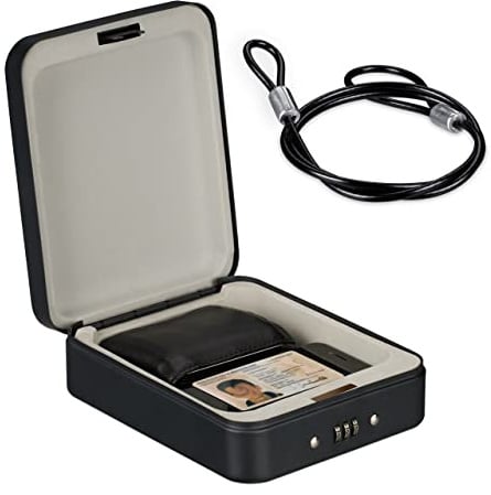 Relaxdays Sicherheitsbox mit Zahlenschloss, tragbar, mit Sicherungskabel, Autosafe, Stahl, HxBxT: 6x16x20 cm, schwarz