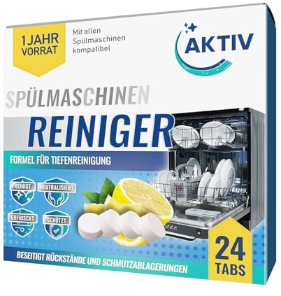 Aktiv 24x Spülmaschinenreiniger Tabs extra stark gegen Geruch & Kalk | Geschirrspüler Reiniger mit Formel für Tiefenreinigung | Hygiene Reinigung 1 Jahres Vorrat