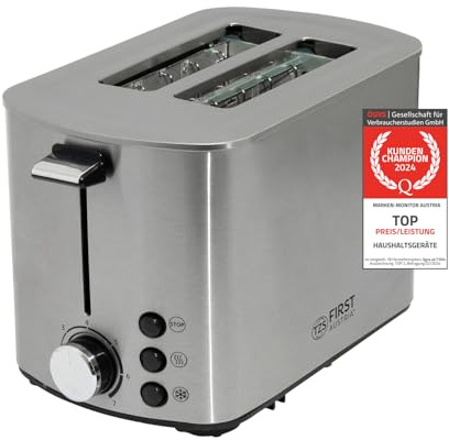 TZS First Austria Toaster | Edelstahl | 2 Scheiben | 850W | 7 Stufen | Warmhaltefunktion | abnehmbarer Brötchenwärmer | Krümelschale