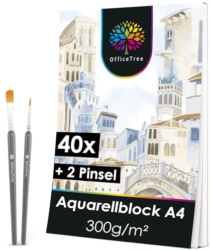 OfficeTree 40 Blatt Aquarellpapier A4 300g - inkl. 2 Pinsel - ideal für Aquarellmalerei, Skizzen & Handlettering - Aquarellblock A4 - Aquarell Papier für Wasserfarben und Acrylfarbe