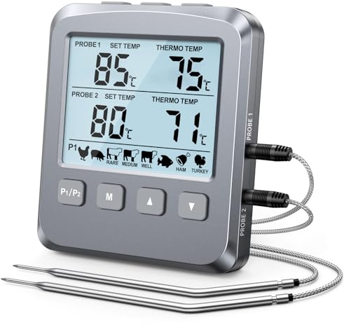 CIRYCASE Doppelsonden Fleischthermometer Digital, Grillthermometer Thermometer Kochen mit 8 Voreingestellte Temperaturen, LCD Bildschirm & Alarm, Bratenthermometer für Wohnmobil Küche, BBQ, Smoker