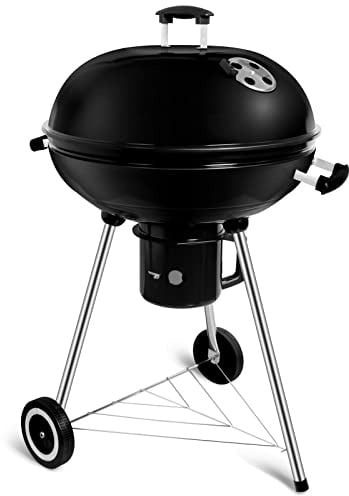 SunJas Holzkohle-Kugelgrill mit Deckel, Rundgrill Durchmesser 57 cm, Holzkohlegrillwagen mit Rädern, BBQ Grill schwarze Emaille
