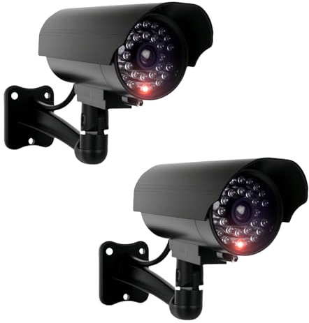 Calenxy 2 Stück Kamera Atrappe Außen, Fake Sicherheitskamera mit Rot Blinkender LED, CCTV Dummy Kamera, Sicherheits Fake Kamera für den Innen und Außenbereich (2 Stück Schwarz)