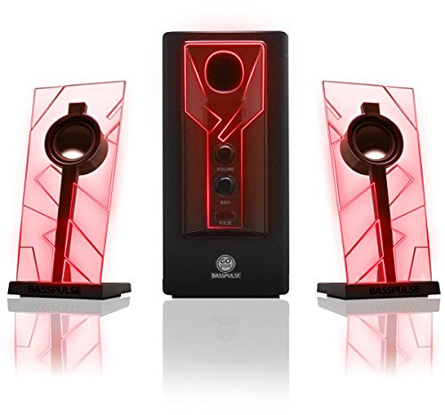 GOgroove 2.1 Soundsystem Computer Lautsprecher PC mit LED Effekt Desktop PC Lautsprecher 2.1 Anlage mit Subwoofer und blauen LED Highlights, Perfekt Geeignet für Stereo Gaming an Ihrem Computer - Rot