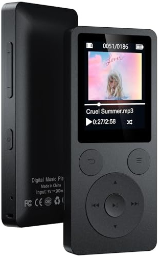 64GB MP3 Player Bluetooth 5.3 & Lautsprecher – Upgrade mit physischen Tasten (Zurück, Menü, Lautstärke), Nur 37g mit Kopfhörer FM Radio Diktiergerät Mini-Design HiFi-Sound, bis zu 128G