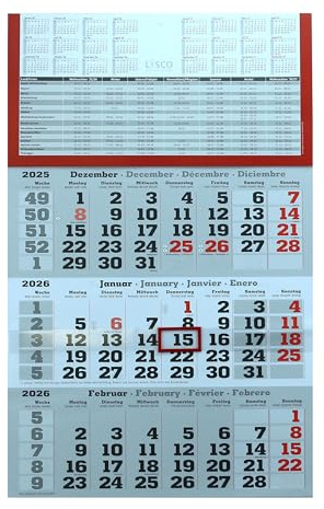 3 Monats Wandkalender 2026 (gefaltet) mit Datumschieber in Rot, inkl. Ferienübersichten und Jahresüberblick 2026 und 2027, Dreimonatskalender werbefrei, 3 Monatskalender