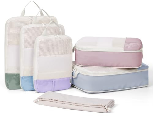 Narwey Packing Cubes Compression, Koffer Organizer Set, Kofferorganizer | 5 Packtaschen Set in Verschiedenen Größen für Koffer, Platzsparend Packwürfel Kompression für Reise Essentials, Pastellfarben