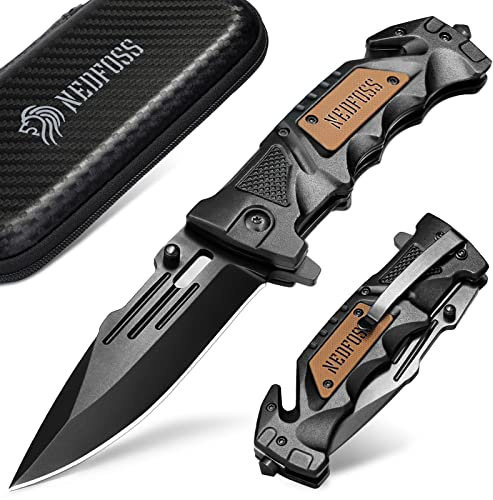 NedFoss DA75 Profi Rettungsmesser, 10cm Klappmesser,Taschenmesser | Einhandmesser mit Gurtschneider & Glasbrecher, Rescue messer mit Liner Lock & Kugellager & Clip für Auto, Notfallmesser