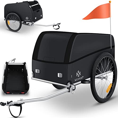 KESSER® Fahrradanhänger Lastenanhänger Transportanhänger Hochdeichsel mit Kupplung Hochdeichsel Anhänge für Fahrrad Transportbox 120 Liter Inkl. Regenschutz mit Klappfunktion & Fahne 40Kg Schwarz