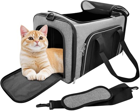 CareCooo Katzentransportbox & Tragetasche für Katzen und kleine Hunde bis 10kg – Faltbare Katzentasche groß mit versteckbarem Dachfenster, Grau, 50x30x30cm