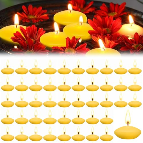 Hengrongshen 50 Stück Schwimmkerzen Gelb, 3.5 cm Schwimmkerze Duftlose, Rauchfrei & Tropffreie, Wasserkerzen für Valentinstag, Erntedankfest, Hochzeit, Urlaub, Partys und Heimdekoration (Gelb)