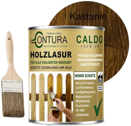 Holzlasur Dickschichtlasur 750ml Set mit Pinsel 2in1 Dauerschutzlasur Holzschutz Lasur (09 Kastanie)