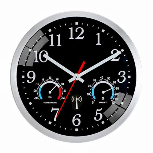 Ziprote Funk Wanduhr, Funkuhr Wand mit Temperaturanzeige und Luftfeuchtigkeit, Moderne Küchenuhr, Leicht zu Lesen, Wanduhr Ohne Tickgeräusche für Schlafzimmer, Büro, Badezimmer (Schwarz)