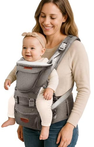 SUNVENO Babytrage Ergonomisch，Baby Carrier mit Abnehmbarer Kapuze, Hüftsitz baby mit Speicheltuch, 3in1 Babybauchtragen für Baby 3-36 Monate, Babyrückentragen 0-20Kg (Grau)