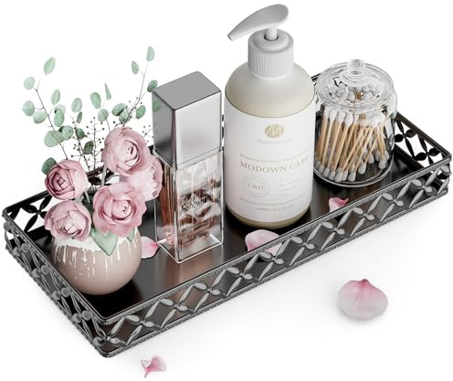 Rechteckiges Badezimmer Dekotablett – Kosmetik & Parfüm Ablage Schwarz | 28x12x4 cm, robustes Metall mit Blumenmuster – Ideal für Taschentücher & Duftartikel auf dem Nachttisch im Schlafzimmer