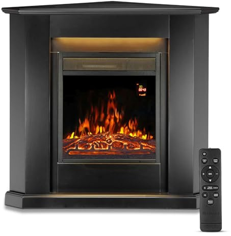 Juskys® Elektrokamin 1000/2000 W mit Heizung, Kaminfeuer, Flammeneffekt, Fernbedienung, LED Beleuchtung & Timer - Elektrischer Kamin Eckkamin schwarz