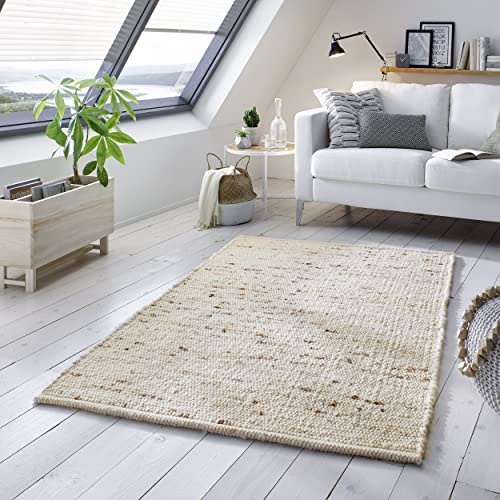 TacaHome Wollteppich Natur Handweb Teppich I Reine Schur-Wolle im Skandinavischen Design I Wohnzimmer Schlafzimmer Esszimmer Kinderzimer Büro | 90 x 160 cm Natur