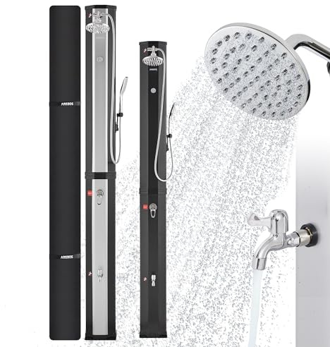 Arebos Solardusche 60 L | mit Handbrause & Thermometer | Wassertemperatur bis zu 60°C Pooldusche Camping | runder Duschkopf | Snap-In Technologie | Inkl. Abdeckhaube | Silber