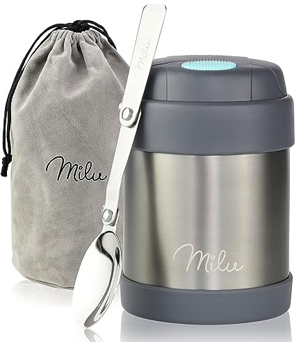 Milu® Thermobehälter für Essen Kinder 300ml, Edelstahl Warmhaltebehälter mit Löffel, Thermobecher 100% Auslaufsicher, Thermo Lunchbox, Thermobox Suppen, Speisebehälter Grau, 300ml
