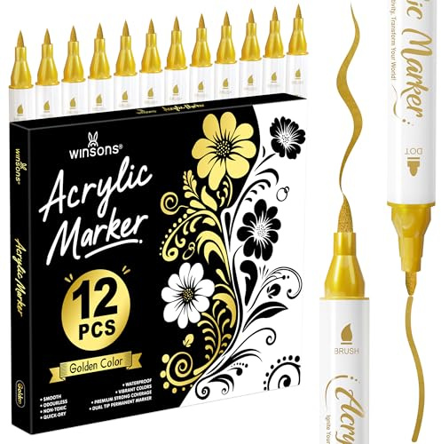 WINSONS Acrylmarker Gold, 12PCS Permanent Acrylstifte für Schreiben/Malen | Ungiftig, Wasserfest Goldstift with 6 Aufkleber