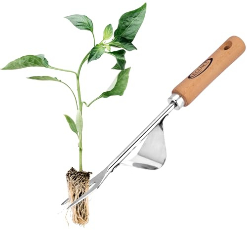 ECENCE Unkrautstecher Edelstahl, Wurzeljäter mit Holzgriff, Manueller Weeder zum Graben, Jäten, Lösen, Geschenk für Gärtner Gärtnerinnen