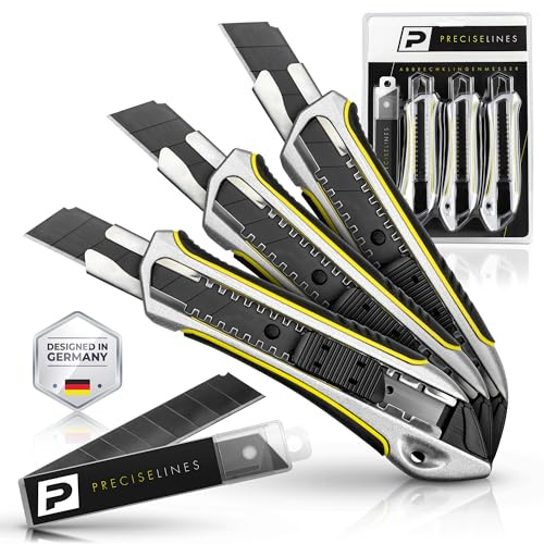 PRECISE LINES® Cuttermesser Profi [3er Set] | Heavy-Duty-Gehäuse mit versenktem Schieberegler | Teppichmesser Profi 18mm - 10 Ersatzklingen - Cutter Messer - Kartonmesser - Paketmesser - Tapetenmesser