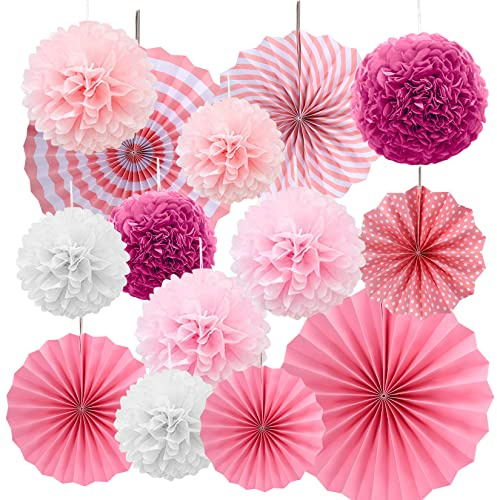14 Stück rosa Papier Party Dekorationen, Papier Pompoms Dekorationen, Papiers Fächer Pompoms Hochzeits Party für Festival, Karneval, Geburtstags Dekor
