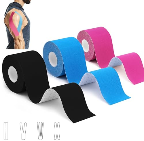 3 Rollen Kinesiologie Tape (5m x 5cm), Profi Kinesiotapes Physio Tape Sport Tape Set, Wasserfeste & Hautfreundliche Kinesiotape, für Muskelunterstützung, Knieschmerzen, Ellenbogen und Schulter