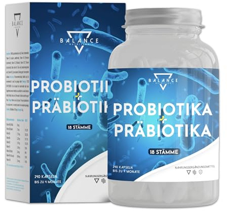 PROBIOTIKA UND PRÄBIOTIKA - 240 KAPSELN | Probiotika Kapseln | Probiona Kulturen Komplex Kapseln | Präbiotika, Verdauungsenzyme + Inulin | Flora Aufbau | Bis zu 20 Mrd KbE