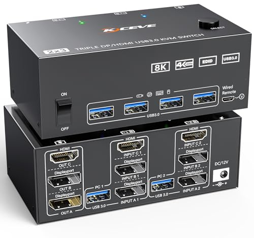 KVM Switch 2 PC 3 monitore 4K@144Hz 8K@60Hz, KVM mit 4 USB 3.0 Ausrüstung | Triple Monitore KVM Switch HDMI+2 Displayport für 2 Computer Teilen 3 Monitors und Tastatur, Maus, mit Wired Remote/Netzteil