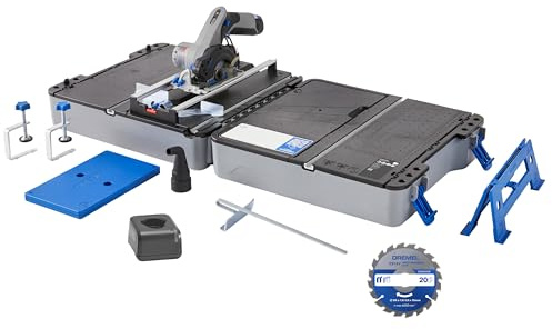 Dremel Blueprint Bürstenlose 12V Akku-Mobile Sägestation mit 1x Kompakt-säge, 1x Sägetischkoffer, 1x 2.0 Akku + Ladegerät, 1x Multi Material Kreissägeblatt, 2x Schraub-zwingen, Mehrere Schnitt-Arten