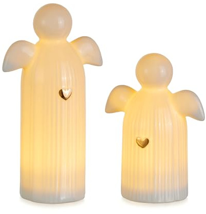 Staymoment Engel Figur Deko Geschenk: 2er Set LED Schutzengel Figuren Klein Keramik Weihnachtsengel Deko Weihnachten Beleuchtung Engelfigur Weiß Weihnachtsdeko