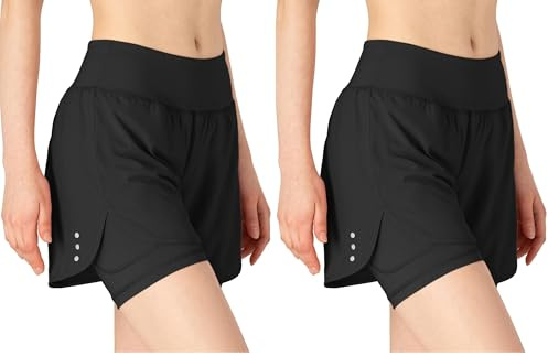donhobo Damen Sport Shorts Sommer 2 in 1 Kurze Hosen Schnelltrocknende Laufshorts Fitness Joggen und Training Sporthose (Schwarz, M)