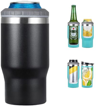 Gteller 4-in-1 Edelstahl-Dosen-/Flaschen-Isolator, 400 ml, Zwei-Wege-Deckel, SUS-isolierter Dosenkühler, Bierflaschenhalter (schwarz)