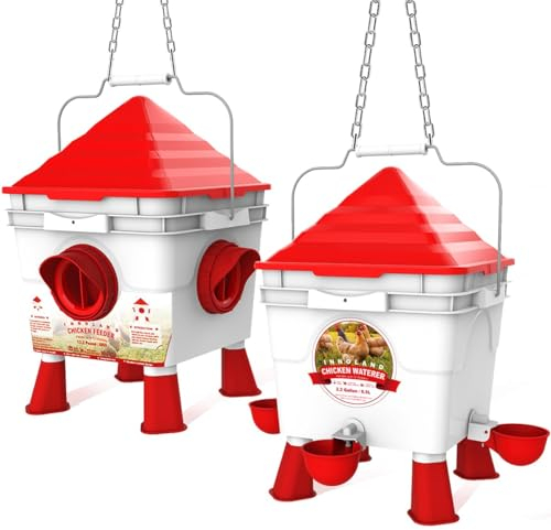 INNOLAND Futterautomat Hühner und Hühnertränke Set, 6Kg/8.5L | Automatische Wasserversorgung und Hühner Futterautomat für Geflügel mit 4 Öffnungen/4 Näpfen, verstellbaren Beinen und Stahlketten