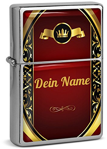 PhotoFancy® - Sturmfeuerzeug Set mit eigenem Namen Bedrucken Lassen - Design Wappen 1 - Benzinfeuerzeug mit Doming-Druck inkl. Metall-Geschenkdose