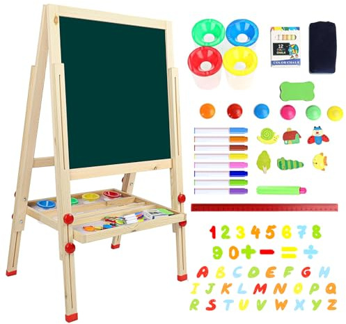 Dripex Kinder Tafel Holz Kindertafel Malerei Holztafel Doppelseitige Kreidetafel und Whiteboard Höhenverstellbar Standtafel mit 24Stk Zubehör (ab 3 Jahre)
