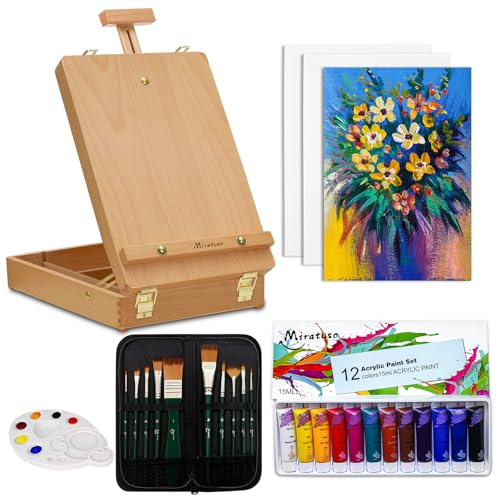 Acrylfarbe Set für Künstler 27-teiliges, Tischstaffelei, 12 Acrylfarben,10 Acrylpinsel,Palette und 3 Leinwandpaneele, Geeignet für Kinder Erwachsene, Künstler, Studenten