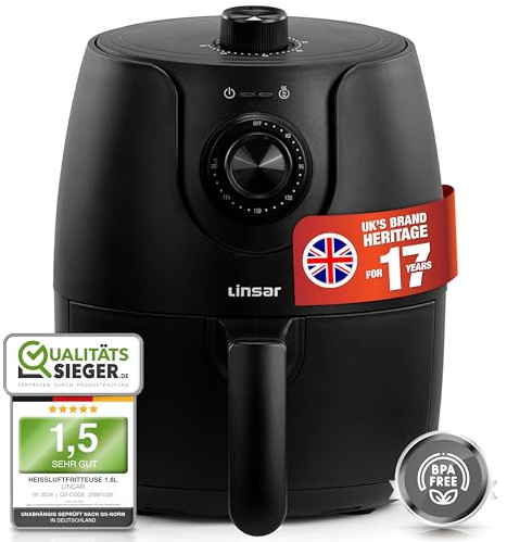 Linsar - Heißluftfritteuse klein - 1,8L - Airfryer mit Timer und Warmhaltefunktion - Temperatur wählbar - Energiesparender & schneller als Backöfen - 1200 Watt - Klein (Schwarz)