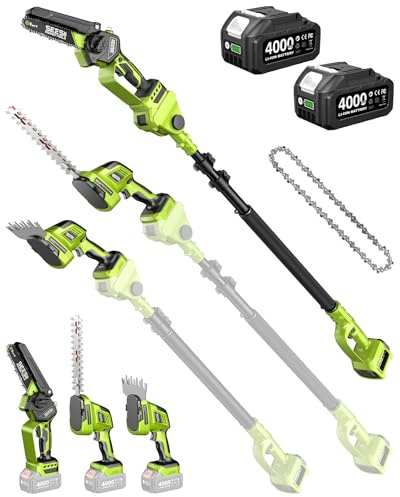 Supstable Mini Kettensäge & Akku Heckenschere Teleskop Combo, 6-in-1 Akku Hochentaster mit 8000mAh Batterie, Reichweite bis 4.8m, Bürstenloser Motor, Ideal für Baumpflege & Holzarbeiten