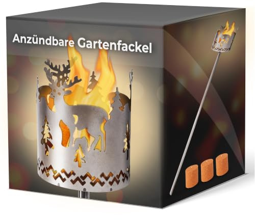 Gartenfackel für draußen Motiv Hirsch 3X Brennelemente - Holzspäne mit Wachs - Schwedenfackel Pelletfackel Feuersäule Flammschalen Wachsfackel Gartenleuchte