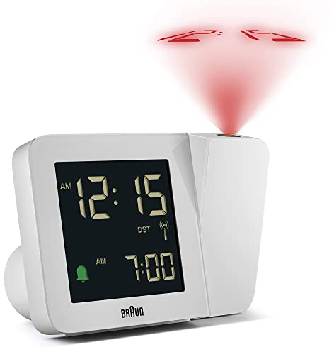 Braun Digitaler Funk-Projektionswecker für die mitteleuropäische Zeitzone (DCF) mit negativem LCD-Display, Schnelleinstellung und Alarm-Piepton in Weiß, BC15W-DCF.