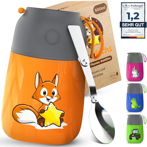 Thermobehälter für Essen Kinder – 500ml – 100% auslaufsicher - Warmhaltebehälter Essen Edelstahl – Thermobecher Essen – Thermo Lunchbox Kinder – Warmhaltebehälter Brei - Orange