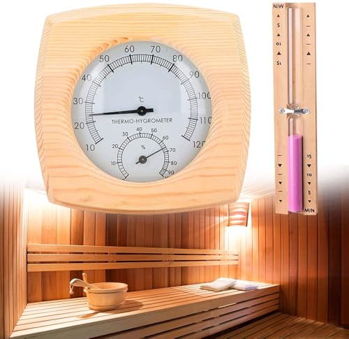 Udbrud 2 in 1 Sauna Thermometer Hygrometer und Sanduhr, Wandmontage umweltfreundlich Sauna Klimamesser Tropfen mit 15 Minuten Rotierender Sandglass Holz für Sauna Innenausstattung, Badezimmer